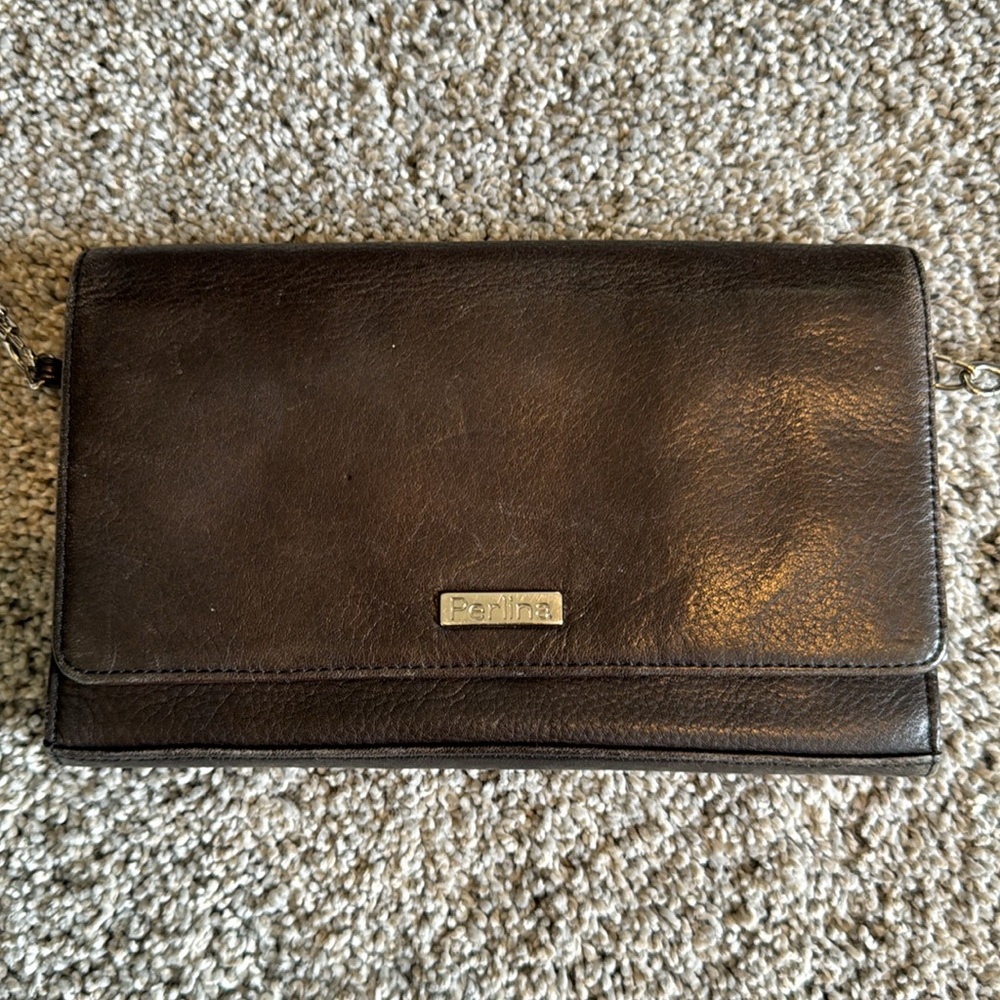 Perlina Soft Leather Brown Crossbody Wallet/Bag/Purse Shoulder NY Flap with Snap